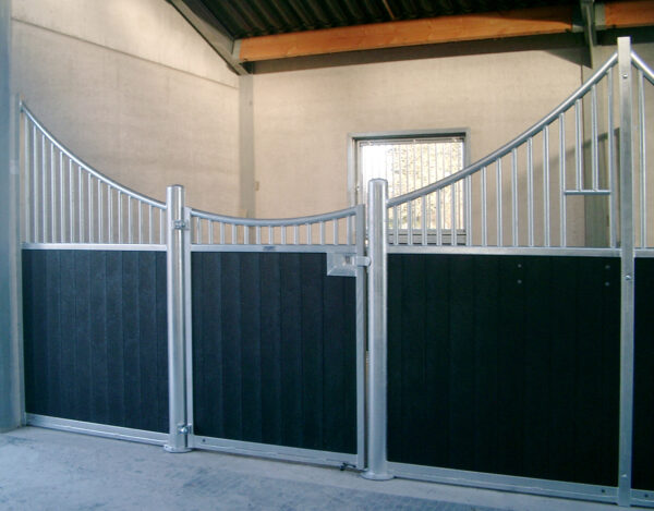 black plastic stable panels with curved metal framing and back stable window