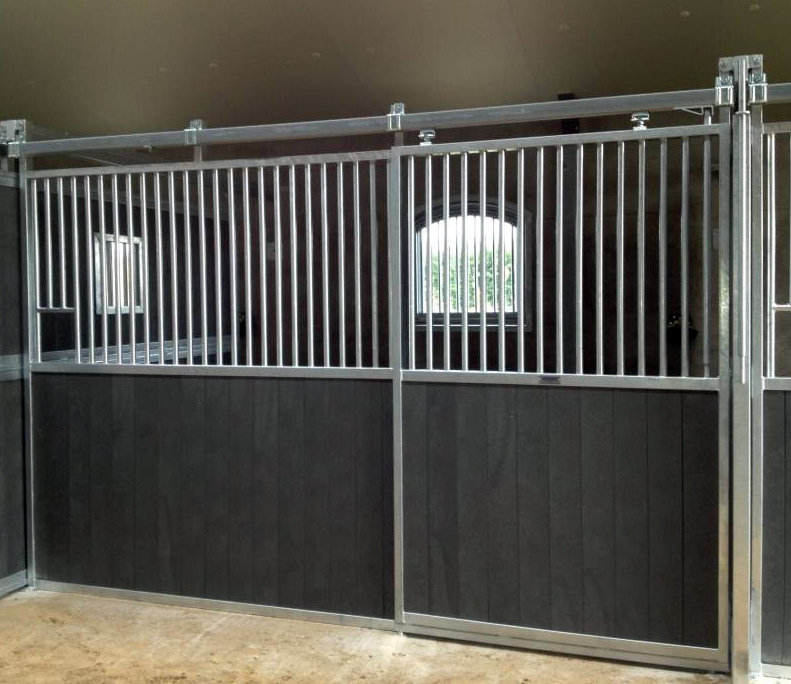 Black plastic and steel stable panels with back external stable window and sliding gate