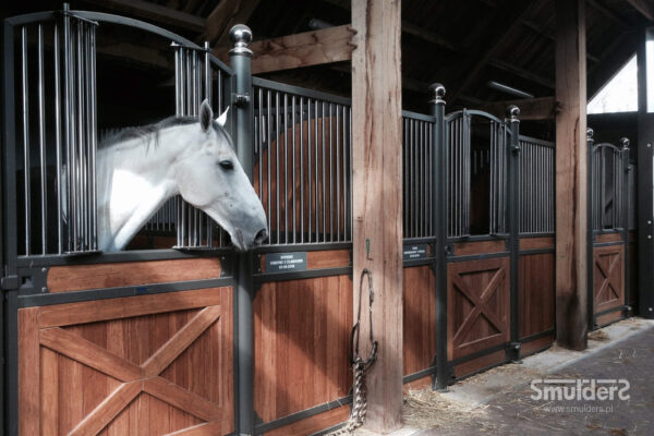 windsor internal stable panel with rustic wood pillars, and a grey horse poking his head out