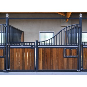 lowline curved steel and timber stable panels with window on back wall