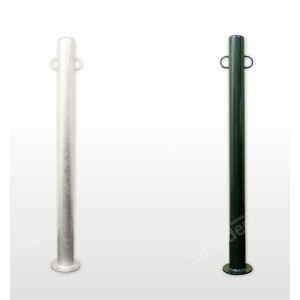silver and green metal poles with loops to tie up horse ropes